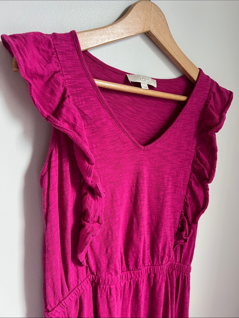 LOFT | Women’s Bright Fuchsia Ruffle Cap Sleeve 100% Cotton Summer Dress Size M - Picture 4 of 17